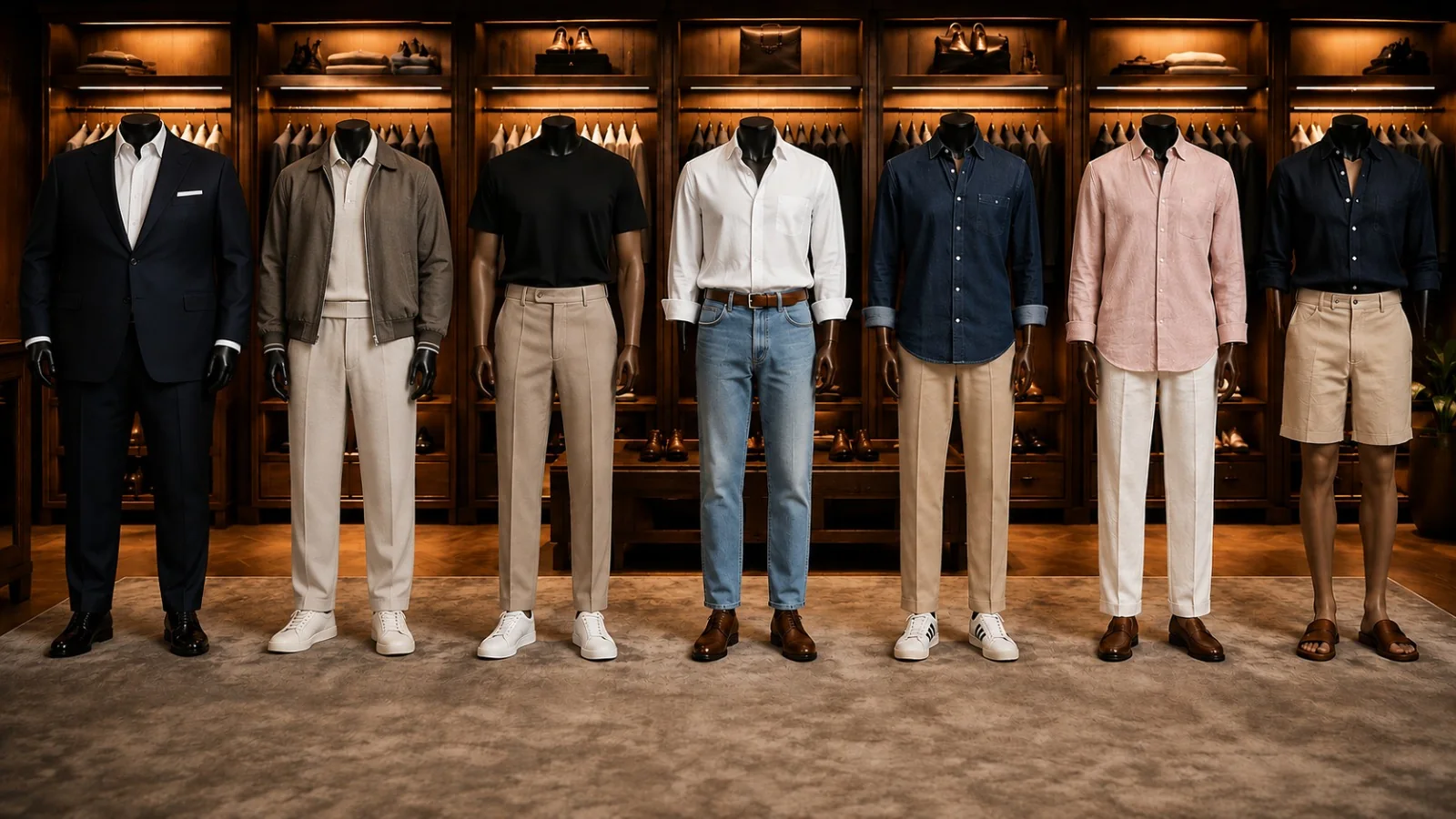 Sete manequins numa loja de alfaiataria, cada um com uma vestimenta montada: dois ternos, calça e camiseta, jeans e camisa branca, chino e camisa jeans, calça clara e camisa de linho, bermuda.